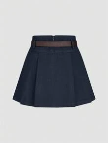 Women's High Waist A-Line Pleated Skirt, Versatile Skirt For Winter - Navy Blue - View 2