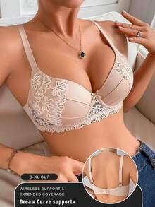 1pc Lace Patchwork Women's Bra, Solid Color Minimalist Underwire Sexy Bra - Apricot - View 10