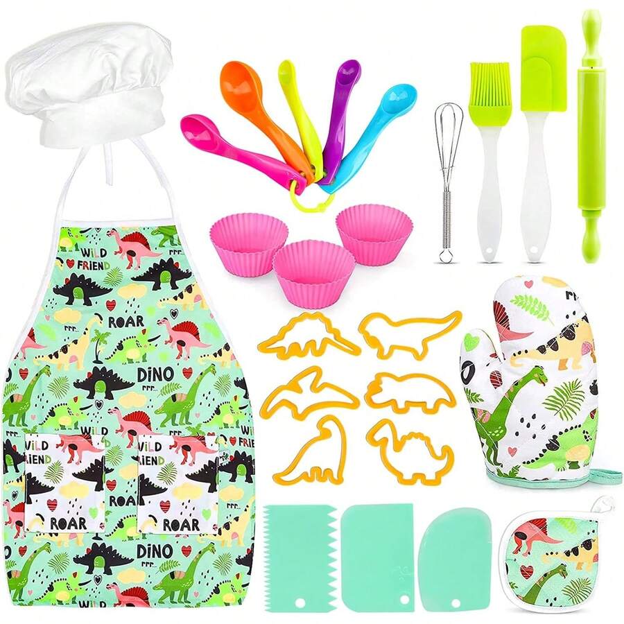 Juego de Cocina y Horneado para Niños, Traje de Chef Dinosaurio, con Delantales para niños, Gorro de Cocinero, Guantes, Regalo de cumpleaños y Navidad, Regalo para Navidad y Cumpleaños(25 PCS) - Rosa - Ver 1