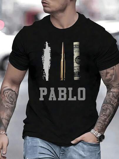 Imagen que representa la dualidad entre poder y arte mostrando una bala metálica flanqueada por grafismos abstractos y la palabra PABLO simbolizando fuerza interior y superación personal camiseta de hombre talla grande 100% algodón
