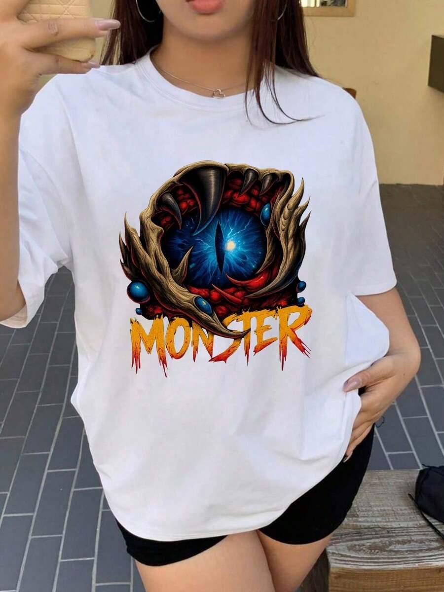 Camiseta de Talla Grande para Mujer, Estampado Oversize Blanco con Monstruos del Horror - Cuello Redondo y Manga Corta, Diseño Casual "MONSTER" en Sangre Goteante e Icono Cinematográfico (Castillo Drácula/Monstruo Frankenstein) – Lavable a máquina. Ideal Primavera-Verano