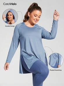 Plus Size Blue Long Sleeve Pleated Drawstring Loose Hooded Sweatshirt, Suitable For Full-Figured Women, Ideal For Fitness, Tennis, Outdoor Sports And Casual Running In Autumn/Winter - Dusty Blue - View 7