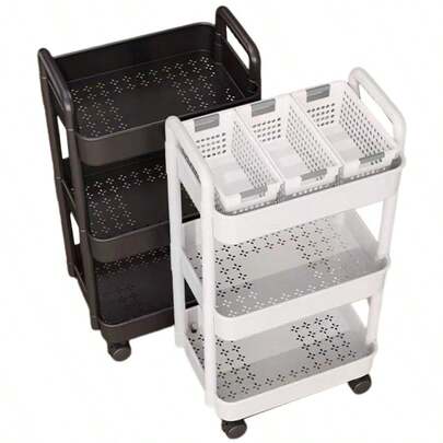 3-Layer Rolling Storage Cart With Locking Wheels, Multifunctional Rolling Storage Rack For Storage In Pantry, Living Room, And Bathroom, Sturdy 3-Layer Multifunctional Cart With Locking Wheels, Frame With U-Shaped Handle, Suitable For Home And Office Use