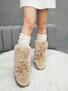 Faux Fur Snow Boots For Women Fuzzy Fluffy Furry Lace Up Mid Calf Boots Winter Warm Fur Boots For Christmas - 杏色 - 查看 9