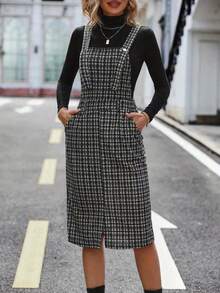 Đầm yếm không tay kẻ caro đen trắng dành cho nữ, thiết kế xẻ tà phía trước, thích hợp mặc mùa xuân/hè, không bao gồm áo len. - màu đen - Xem 3