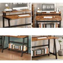 Techigher Computer Desk With Monitor Stand, Modern Metal Frame Laptop Notebook PC Study Writing Student Makeup Table Desk With Storage-Shelves For Home Office - Brown - View 6