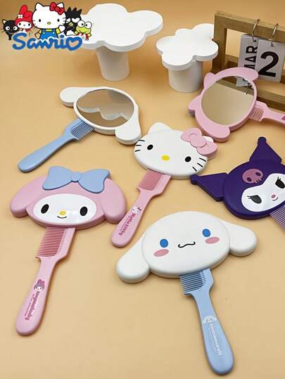 Sanrio 1 Stück Sanrio Spiegel Tragekamm 2-in-1, Designs von My Melody, Cinnamoroll & Hello Kitty, tragbarer Kosmetikspiegel für den Heimgebrauch, süßes Cartoon-Design für alle Haartypen, ideal für Reisen & täglichen Gebrauch, überraschende Valentinstags-Geschenkidee für Freundin & Mutter