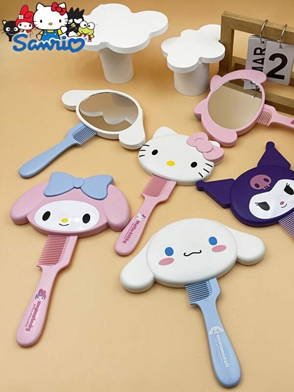 Sanrio 1 szt. Lustro Sanrio, przenośny grzebień 2 w 1, My Melody, Cinnamoroll i wzory Hello Kitty, przenośne lusterko kosmetyczne do użytku domowego, uroczy, kreskówkowy wzór do każdego rodzaju włosów, idealne w podróży i do codziennego użytku, niespodzianka na Walentynki, prezent dla dziewczyny i mamy