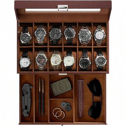 Watch Box Men, 12 Slot Mens Watch Case With Drawer, Watch Display Case With Glass Lid, 2 - Layer Watch Holder Organizer, Jewelry And Watch Storage Men Women - 12Slot, Espresso