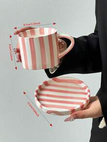 1 Set Pink Striped Coffee Cup & Saucer, Minimalist European Style Ceramic Cup & Saucer Set, Household Breakfast Milk Cup, Water Cup, Juice Cup, Afternoon Tea Cup, Gift Cup - Multicolor - View 3