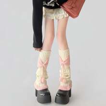 A Pair Of Fashionable And Exquisite Knitted Bowknot Autumn And Winter Leg Warmers For Women With Cute Pom-Poms - Nơ trắng + hồng - Xem 6