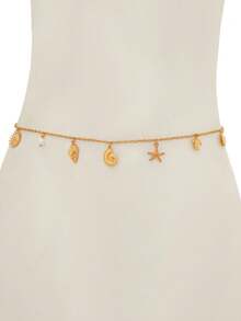 1 pieza Cadena de cintura de metal con estilo oceánico de moda con colgantes de concha, caracol, estrella de mar, tortuga y sol, accesorio casual de vacaciones para mujer - Dorado - Ver 2