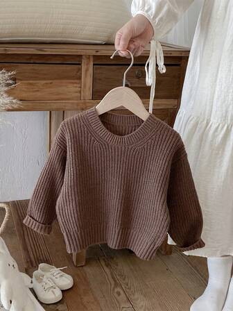 1pc Toddler Boys' Solid Brown Sweater, Casual Comfortable Long Sleeve Knit Pullover, Suitable For Autumn/Winter