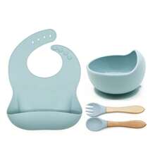 4pcs Silicone Feeding Utensil Set, Includes Silicone Bib, Bowl, 1 Pair Fork & Spoon, Customizable With Name & Pattern - Multicolor - View 12