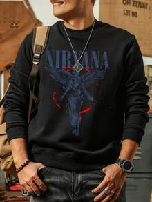 Men Winter Sweatshirt  Angel Design Fleece Lined Crewneck Pullover Y2K Style Gift for Him - Negro - Ver 2