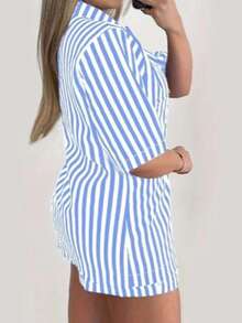 Casual Summer Beach Striped Shirt And Shorts Set -  And Comfortable Fashion - Blue - View 2