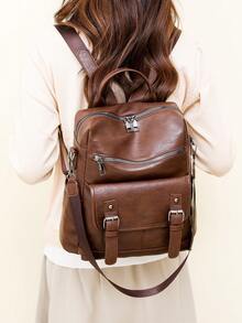 Leather Texture | Double Buckle Decor | Practical Large Capacity | Unlock The Classic Aesthetics For Urban Commuting | Adjustable Shoulder Strap/Handle, Multifunctional Companion For Daily Commute And Short-Distance Travel | Dual Carrying Modes - Multicolor - View 8