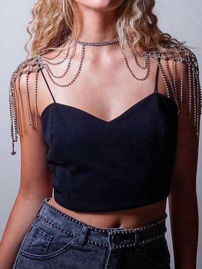 1pc Silver Multi-Layer Crystal Tassel Shoulder Chain,Y Exaggerated Geometric Body Jewelry, Goddess Style Bohemian Necklace For Women