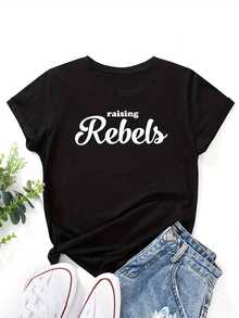 Camiseta Gráfica "Raising Rebels" de Talla Grande - Estilo Casual de Verano, Cuello Redondo, Manga Corta, 100% algodón, Lavable a Máquina - Gris con Letras Blancas, Camisetas de Talla Grande - Negro - Ver 2