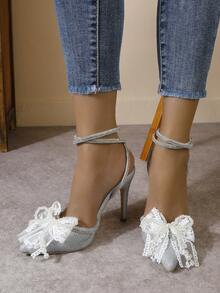 Elegantes tacones de aguja de unicolor para mujer, zapatos de moda con hebilla de strass y lazo sexy - Plateado - Ver 7