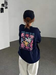 Women's Loose Fit Japanese Cat Print Long Sleeve T-Shirt, Versatile For Spring And Autumn Casual - Navy Blue - View 6
