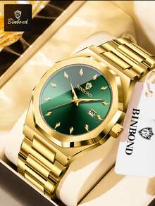 BINBOND New Luxury Men's Quartz Watch Stainless Steel Strap Fashion Casual Waterproof Watch Top Business Calendar Men's Watch - Green - View 1