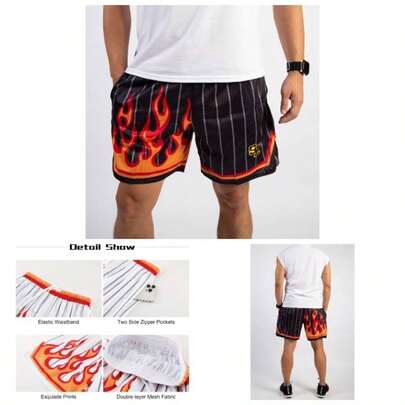 Men's Basketball Shorts Casual Workout Athletic Shorts Mesh Flame Graphic Print Running Short Pants