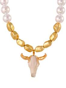 This Punk Western-Style Multi-Color Alloy Bull Head Faux Pearl Asymmetric Beaded Cherry Bead Necklace Is Designed For Women, Suitable For Outdoor Adventures, Shopping, And Daily Wear. This Eye-Catching, Distinctive Gold Accessory Is An Excellent Birthday Gift For Friends.