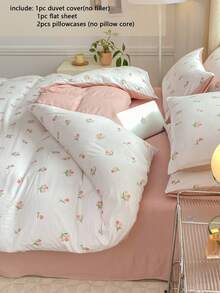 4pcs Floral Bedding Set, Pink Tulip Pattern Printed Duvet Cover With Zipper Closure, Solid Color Flat Sheet, Suitable For All Seasons, Soft And Breathable Bedroom Bedding Set, Feminine Fresh Style, Machine Washable, Decor For Room, Suitable For Valentine's Day, Ramadan (Includes 1 Duvet Cover, 1 Flat Sheet, 2 Pillowcases, No Filler)