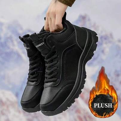 Încălțăminte sport de zăpadă ușoară și caldă pentru bărbați - Ghete de drumeție de iarnă cu căptușeală din fleece, cu tracțiune antiderapantă și parte superioară durabilă din PU, potrivite pentru activități în aer liber (negru, design cu șireturi), Încălțăminte de drumeție, echipament pentru vreme rece, design mid-top, structură robustă, potrivite pentru un stil de viață activ
