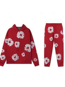 Denim T Gothic Peony Print Sweatsuit Set 2026, Hip Hop Streetwear Oversized Hoodie & Joggers, Y2K Retro Graphic Lounge Set, Unisex Autumn Winter Daily Wear - Đỏ - Xem 4