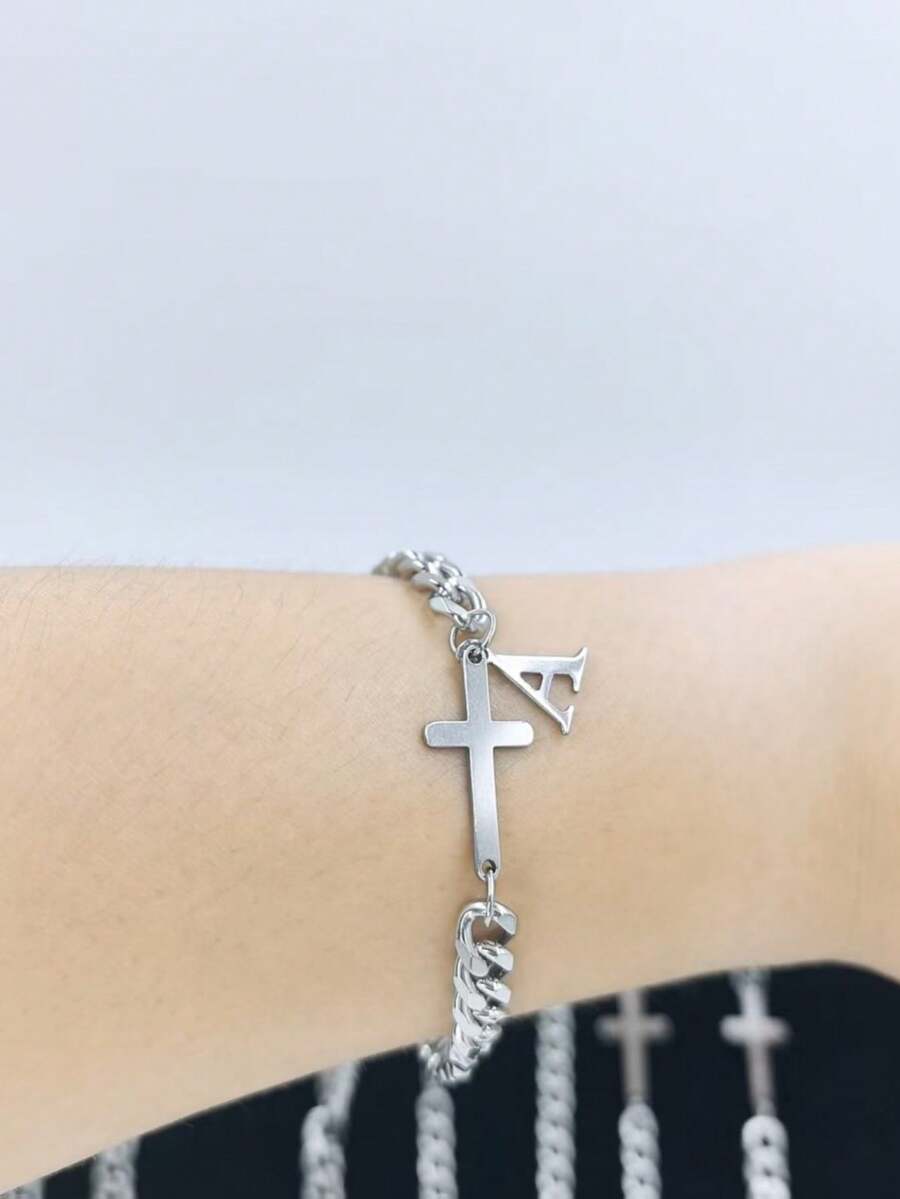 Herren Mode einfaches Kreuz & A-Z Buchstaben Anhänger Armband, neues lässiges Buchstaben Design Armband, modisches Armband für den täglichen Gebrauch