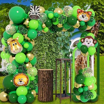 100 st. djungeltema födelsedagsfestballongdekorationsset, gröna skogsdjursfolieballonger, lämpliga för barn djungeltema födelsedagsfestdekoration båge, babyshower, inomhuskransdekor