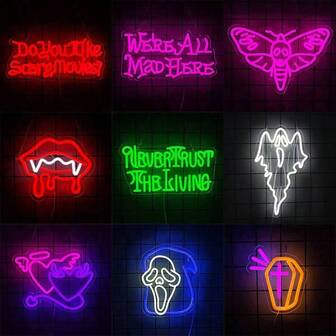 We Are All Mad Here Neon Signs For Wall Decor, Funnly Ghost Neon Lights Personalized Never Trust The Living LED Wall Art, USB Power For Bedroom Living Room Man Cave Gamer Movie Fans Birthday Party Gifts,Halloween Party Decor,Easy To Install