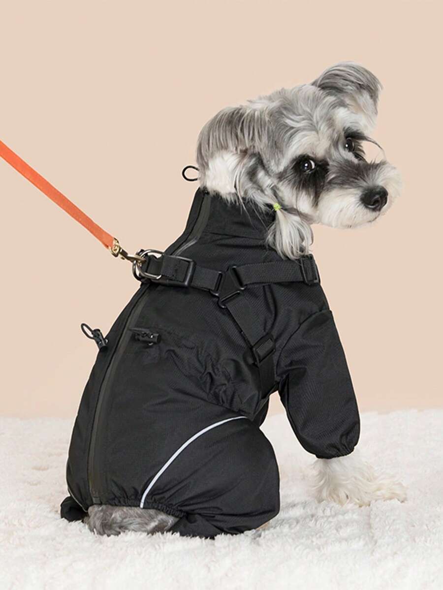 A Four-Legged Windproof Pet Jacket With A Chest And Back Design, Leash-Compatible, New Style, Warm And Cold-Resistant Pet Clothing - Black - View 1