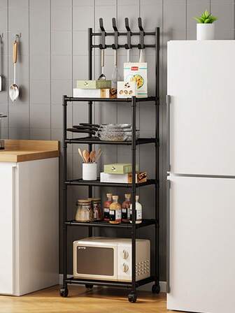 Estante Multicapa para Cocina - 5 Niveles Acero Resistente, Gancho Superior, Ruedas 360° con Freno. Ahorra Espacio y Organiza Utensilios, Ollas y Especias Fácilmente (42x34x152cm)