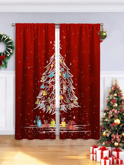 2PCS Christmas-Themed Brushed Fabric Digital Print Curtains, Lively And Playful Style Design With Red Background, Hand-Drawn Christmas Tree, Colorful Decorations And Gifts, Rod Pocket Installation, Semi-Transparent Polyester Fiber Material, Suitable For Living Room, Kitchen, Bedroom, Dining Room, Filling Your Home With Festive Atmosphere