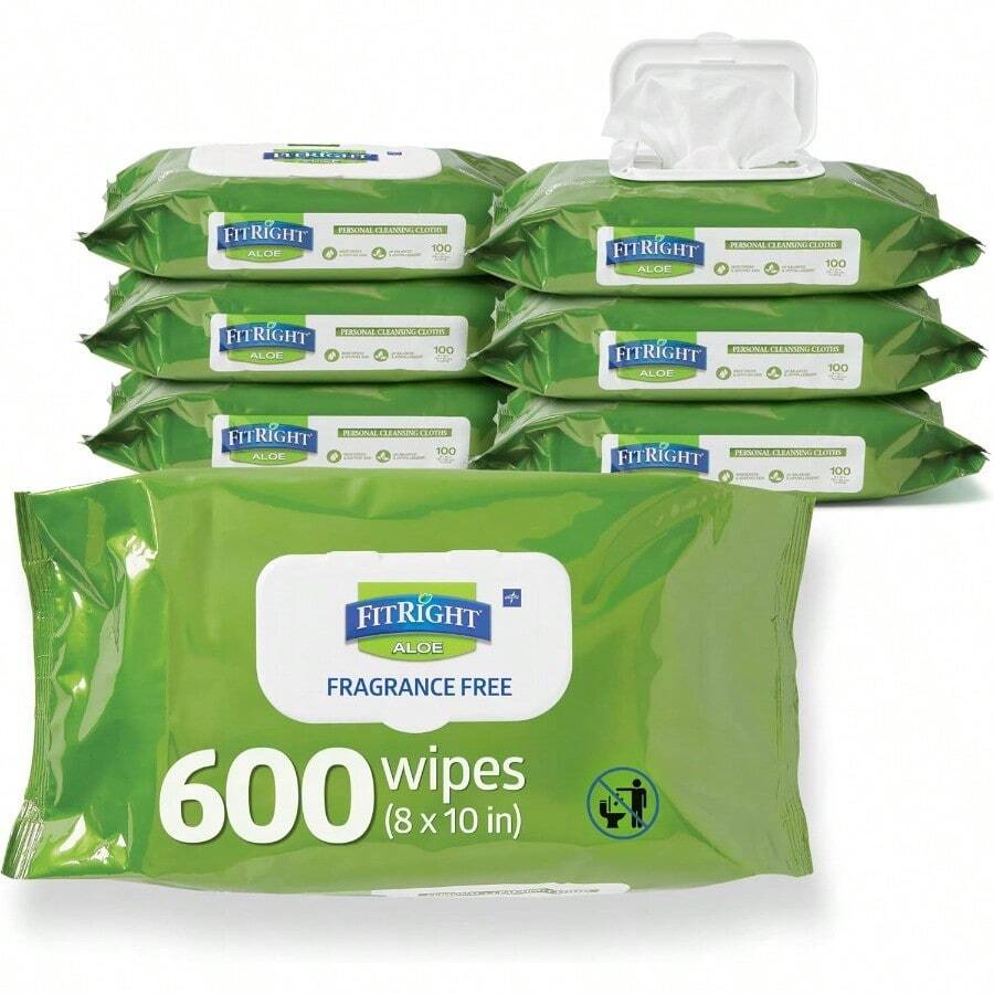 AFRT FitRight Personal Cleansing Wipes With Aloe 8x10 Inch 600 Pieces Moisturizing Body Wipes For Adults Bathing And Incontinence Cleaning Scented Cloth Adult Wipes For Elderly Care - Scented100CountPackof6 - View 1