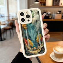 Cubierta de telefono con borde negro diseño bosque encantado con animales y arboles coloridos para uso diario en cafeterias y espacios interiores Aplicable a los teléfonos de la serie Apple y Galaxy - Café integral - Ver 4
