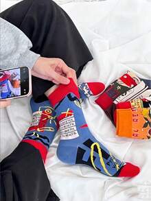 6/12 pares de calcetines de media caña para hombres con dibujos animados divertidos y personalizados, de patrones multicolor, adecuados para todo el año, cómodos, transpirables, duraderos, coloridos, aptos para uso diario, de tela premium, sin sudor, calcetines de otoño Poliéster - Negro - Ver 9