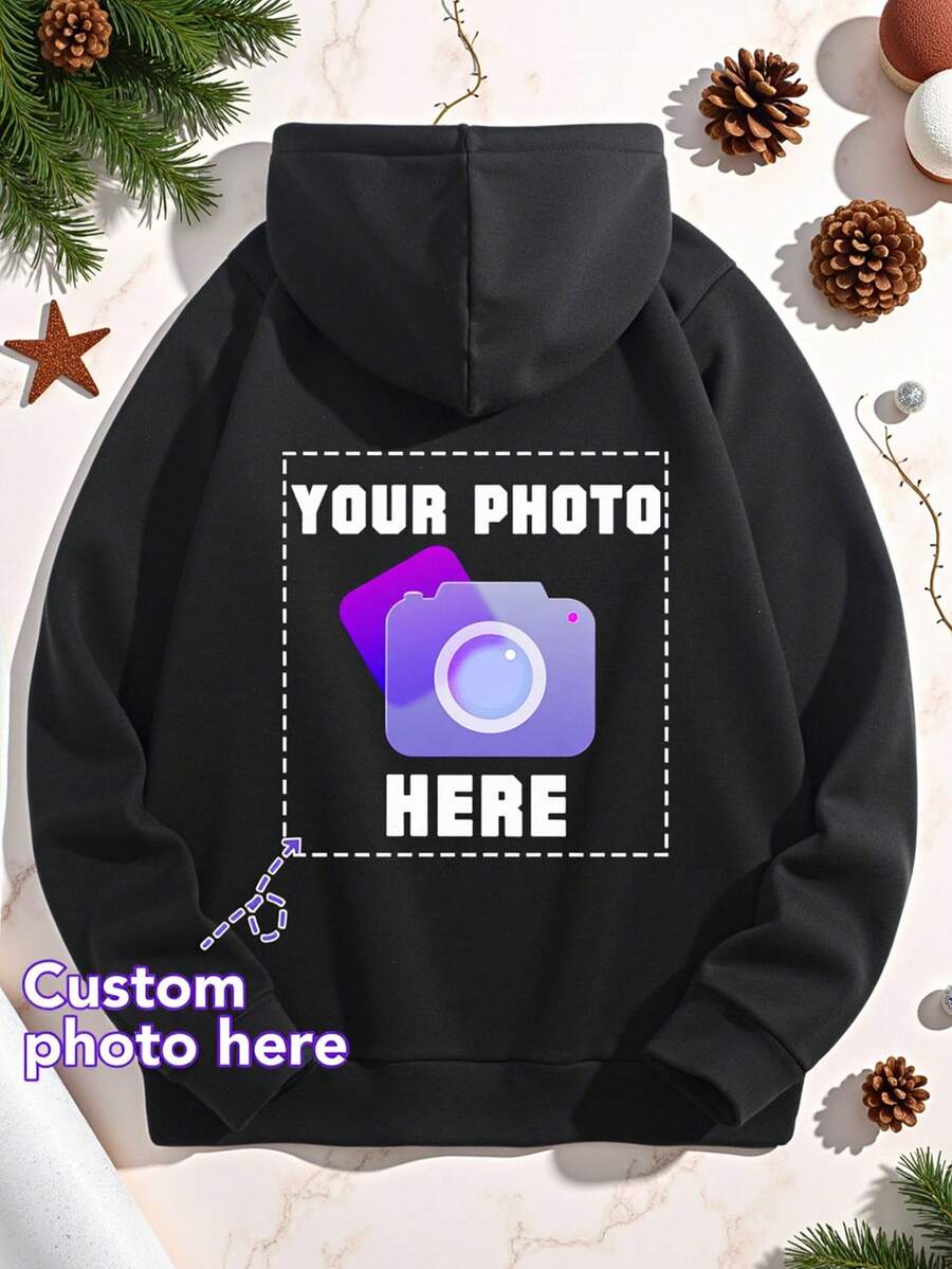 Customized Pattern Fleece Sweatshirt For Valentine's Day, Personalized Photo Gift For Friends/Family/Couples/Pets, Birthday/Anniversary/Valentine's Day, Casual Loose Fit Pullover Sweatshirt For Women, Black Sweatshirt, Customized Christmas Pattern, Autumn/Winter , Fall Top, Winter Wear, Party Gift, Gift For Her, Birthday Gift, Party Season, Women's Autumn/Winter Sweatshirt - Black - View 1