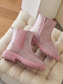 1 Pair Kids' Pink PU Round Toe Lace-Up Fashion Boots