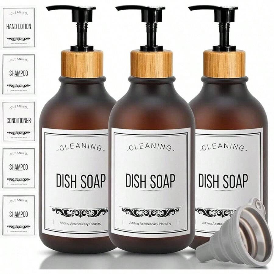 EstiloYanlin 3Pcs Dispensador De Jabon, 500ML Dispensador De Shampoo, Con Embudo Y 5 Etiquetas Impermeables, Reutilizar, Adecuado Para BañOs, Cocina, DecoracióN Del HogarVersióN Mejorada - 3PCS 500ML Ambar Dispensador de jabón - Ver 1