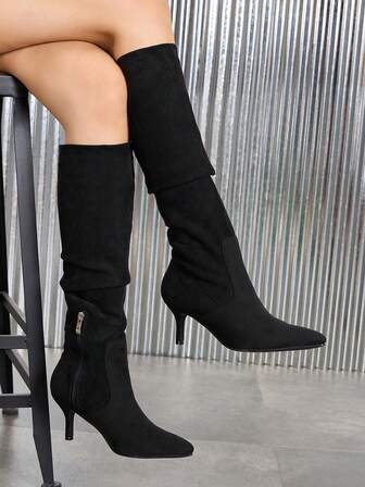 Höst/Vinter 2025 Nytt Dammode Bekvämt Mångsidigt Enfärgat Alla Tillfällen Resor Semester Plisserade Slip-On Högklackade Stövlar, Westernstövlar, Lämpligt För Halloween, Kitten Heels