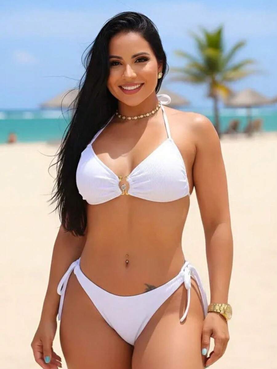 Two-Piece Bikini Set With Padded Bra And Tie-Side Thong Bottom. - White - View 1