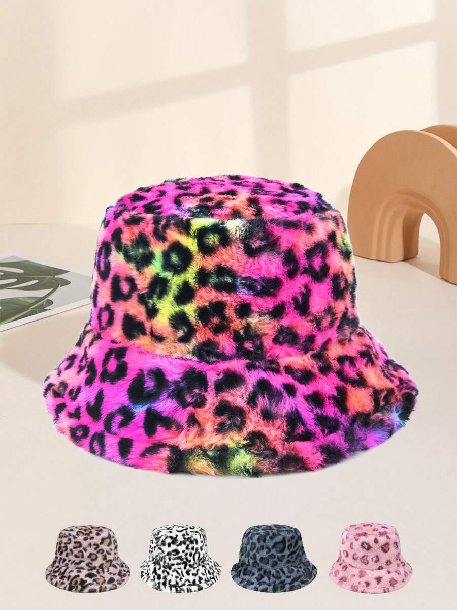 1顶女士豹纹毛绒渔夫帽，防风保暖，适合秋冬季节。 - 豹紋 - 查看 1
