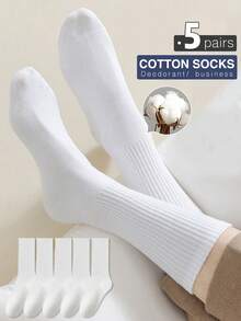 5双男士白色中筒袜，防臭透气棉袜，亲肤，纯色百搭商务休闲袜，黑色长袜，适合春季、学生、运动、秋季 - 彩色 - 查看 8