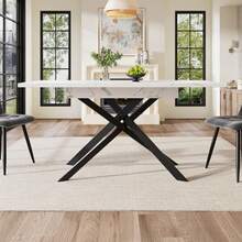 Dining Table (120-160 Cm), Extendable Dining Table, Space-Saving Kitchen Table, Black Crossed Iron Legs, For Kitchen And Living Room, White Marble Dining Table - 黑與白 - 查看 12