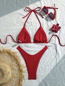夏季红色水钻吊带比基尼两件套，贴身高弹面料，性感沙滩度假泳装 - 紅色 - 查看 10