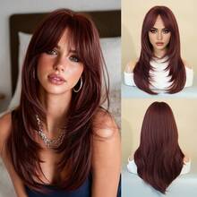 Elegant-24 Inch Layered Raspberry Red Wigs For Women,Long Straight Wigs With Curtain Bangs, High Density Fluffy Synthetic Heat Resistant Fiber Hair Wig For Daily Party Wear, Music Festival Party Use - 酒紅色 - 查看 12